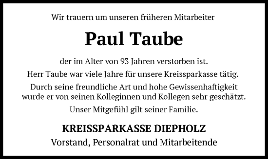 Traueranzeige von Paul Taube von SYKS