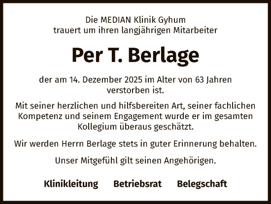 Traueranzeige von Per T. Berlage von SYKR