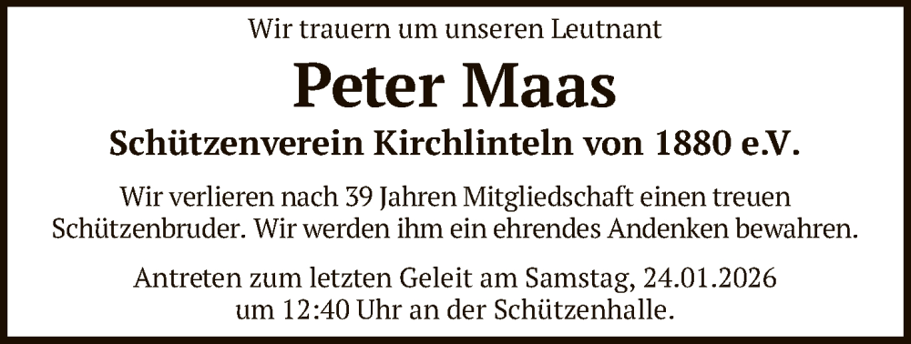  Traueranzeige für Peter Maas vom 10.01.2026 aus SYKS