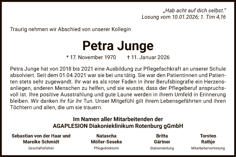  Traueranzeige für Petra Junge vom 24.01.2026 aus SYKR
