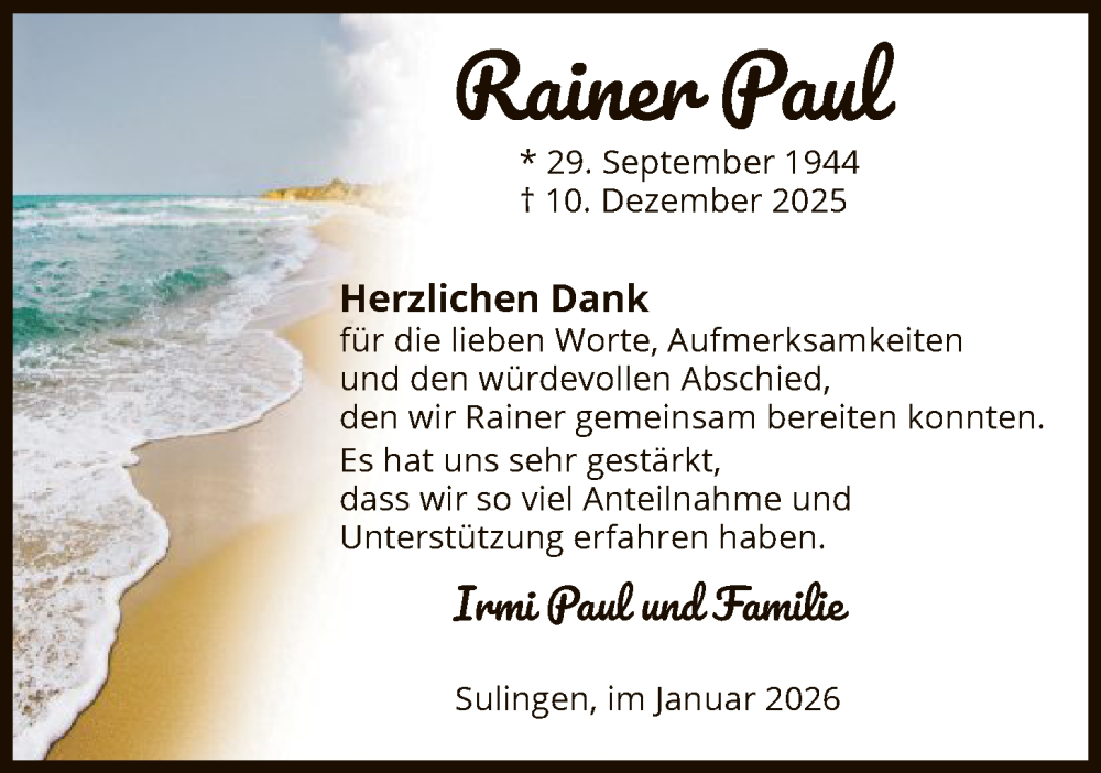  Traueranzeige für Rainer Paul vom 31.01.2026 aus SYKS