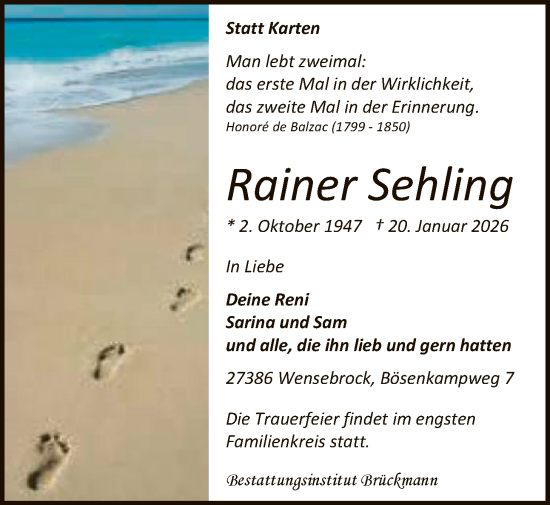 Traueranzeige von Rainer Sehling von SYKR