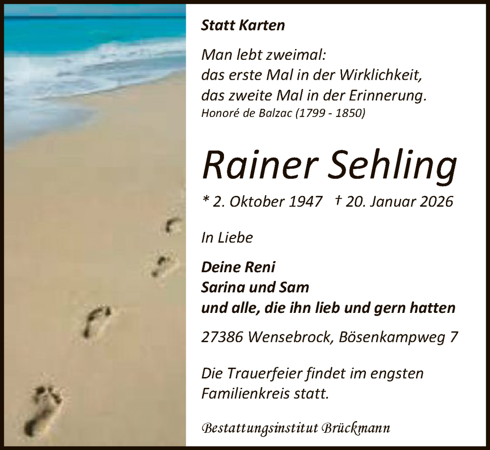  Traueranzeige für Rainer Sehling vom 31.01.2026 aus SYKR