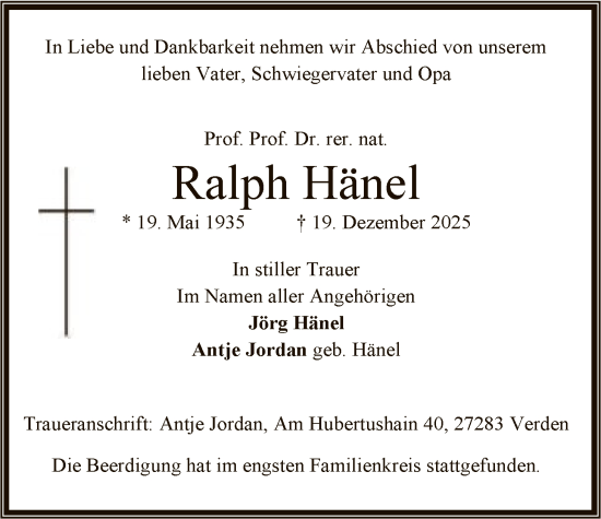 Traueranzeige von Ralph Hänel von SYKS