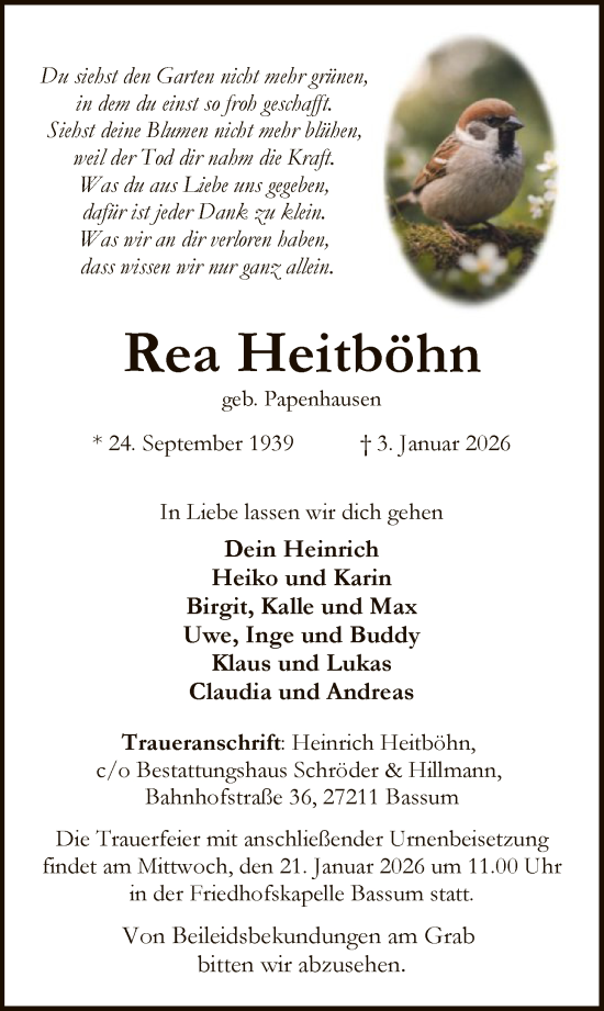 Traueranzeige von Rea Heitböhn von SYKS