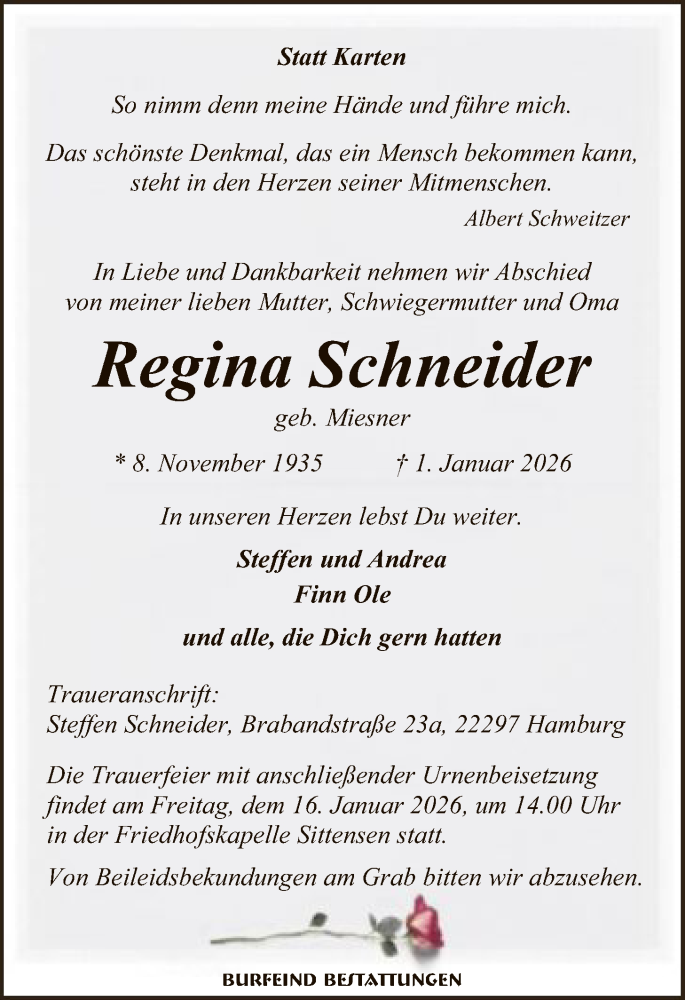  Traueranzeige für Regina Schneider vom 10.01.2026 aus SYKR