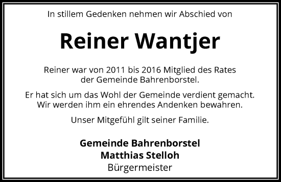 Traueranzeige von Reiner Wantjer von SYKS