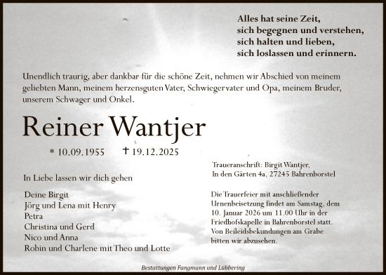 Traueranzeige von Reiner Wantjer von SYKS