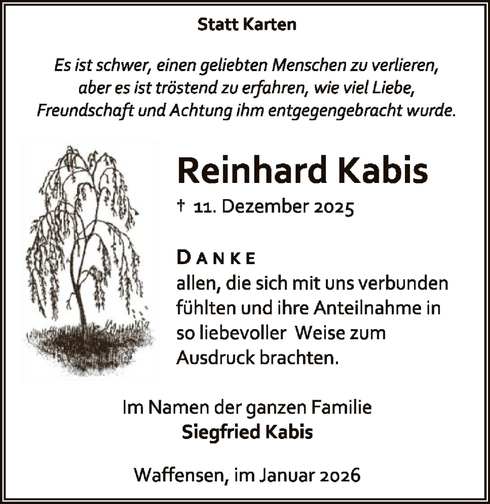  Traueranzeige für Reinhard Kabis vom 17.01.2026 aus SYKR