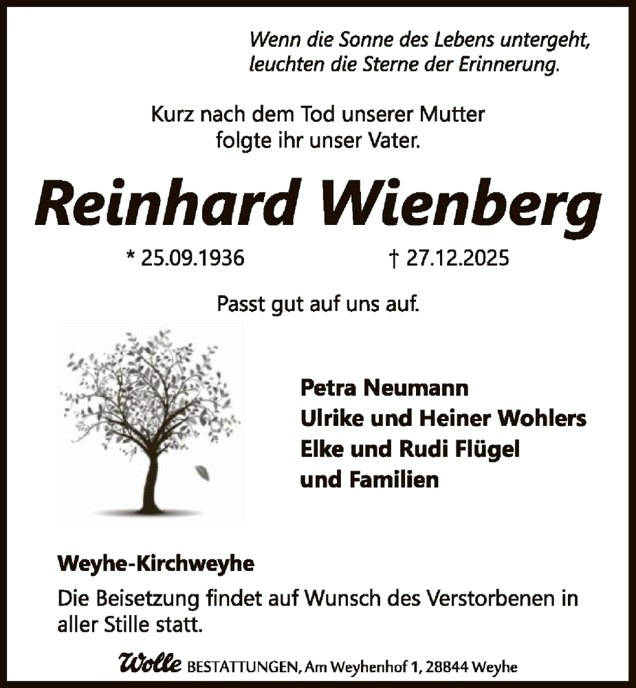  Traueranzeige für Reinhard Wienberg vom 03.01.2026 aus SYKS