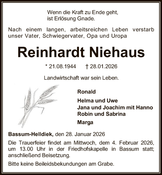 Traueranzeige von Reinhardt Niehaus von SYKS