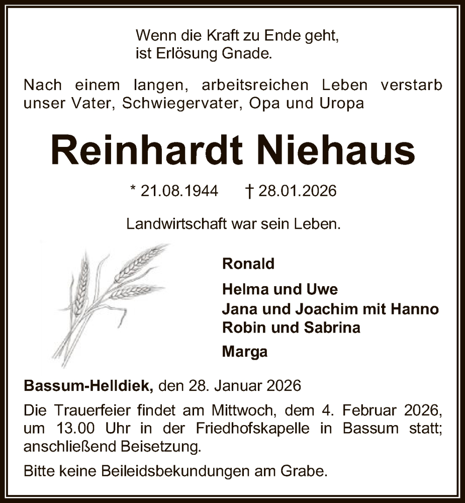  Traueranzeige für Reinhardt Niehaus vom 31.01.2026 aus SYKS