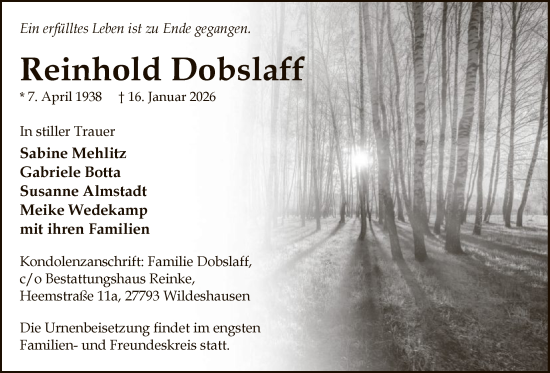 Traueranzeige von Reinhold Dobslaff von SYWZ