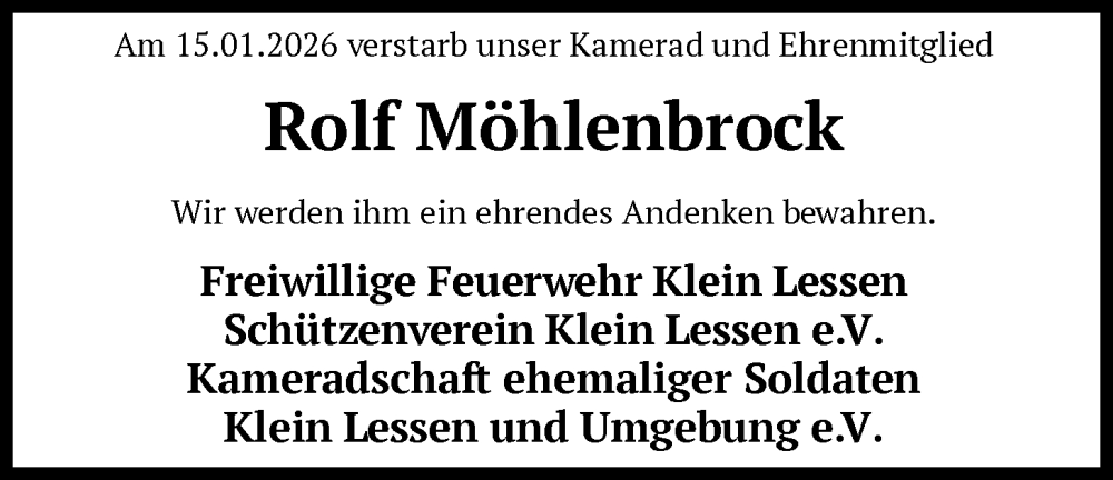  Traueranzeige für Rolf Möhlenbrock vom 26.01.2026 aus SYKS