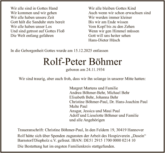 Traueranzeige von Rolf-Peter Böhmer von SYKS