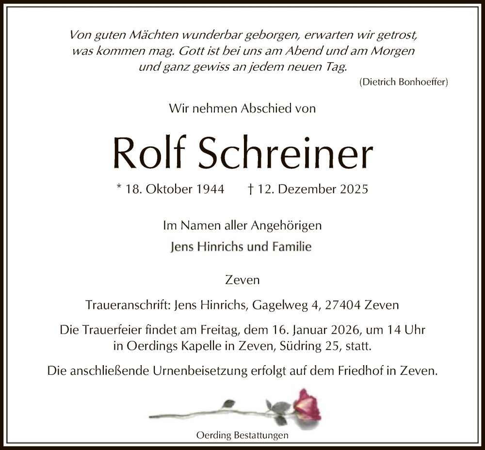  Traueranzeige für Rolf Schreiner vom 10.01.2026 aus SYKR