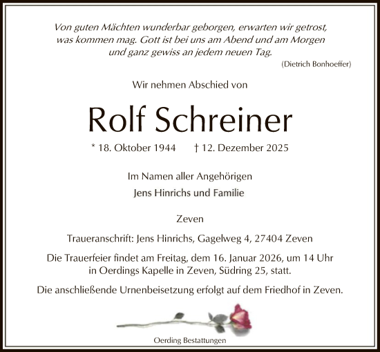 Traueranzeige von Rolf Schreiner von SYKR