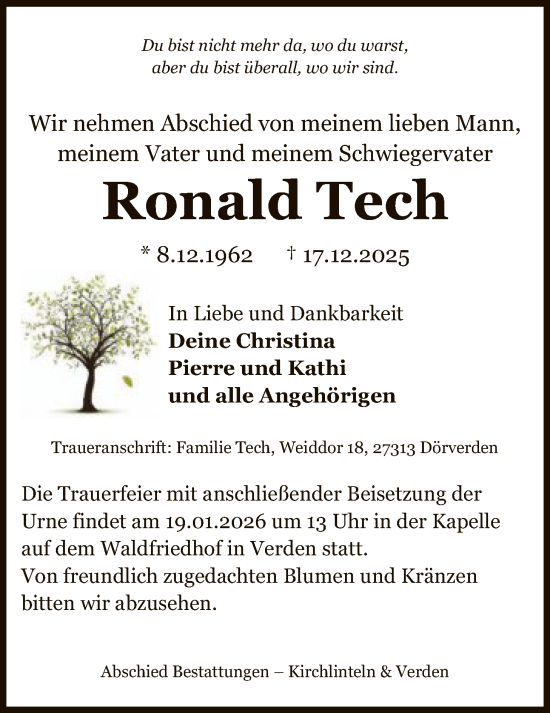 Traueranzeige von Ronald Tech von SYKS