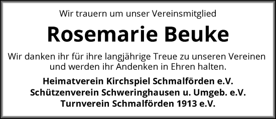 Traueranzeige von Rosemarie Beuke von SYKS