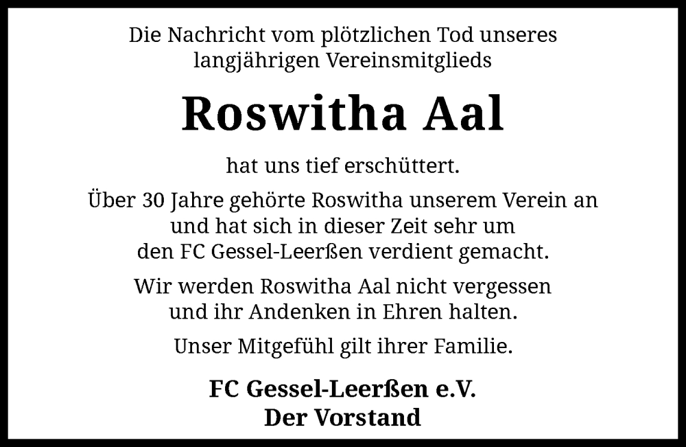  Traueranzeige für Roswitha Aal vom 06.01.2026 aus SYKS