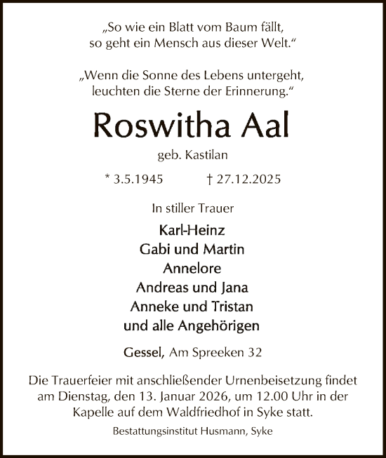 Traueranzeige von Roswitha Aal von SYKS