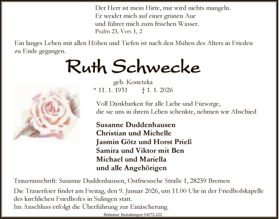 Traueranzeige von Ruth Schwecke von SYKS