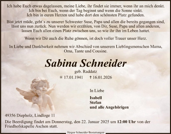 Traueranzeige von Sabina Schneider von SYKS