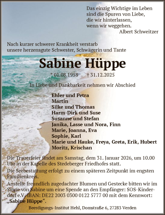 Traueranzeige von Sabine Hüppe von SYKS