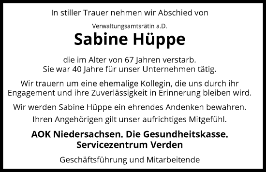 Traueranzeige von Sabine Hüppe von SYKS