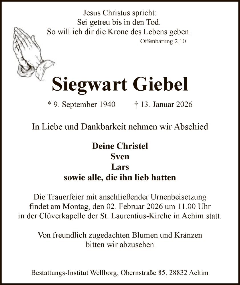  Traueranzeige für Siegwart Giebel vom 24.01.2026 aus SYKS
