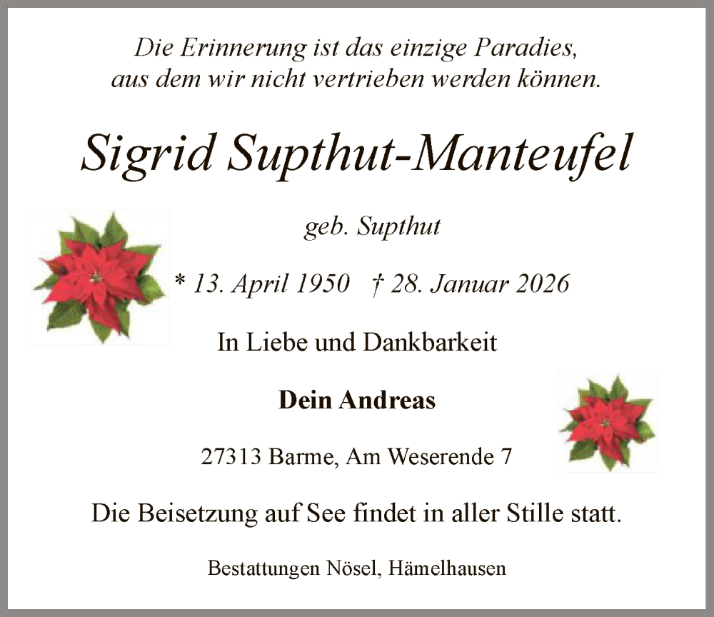  Traueranzeige für Sigrid Supthut-Manteufel vom 31.01.2026 aus SYKS