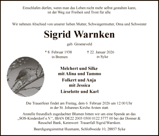 Traueranzeige von Sigrid Warnken von SYKS