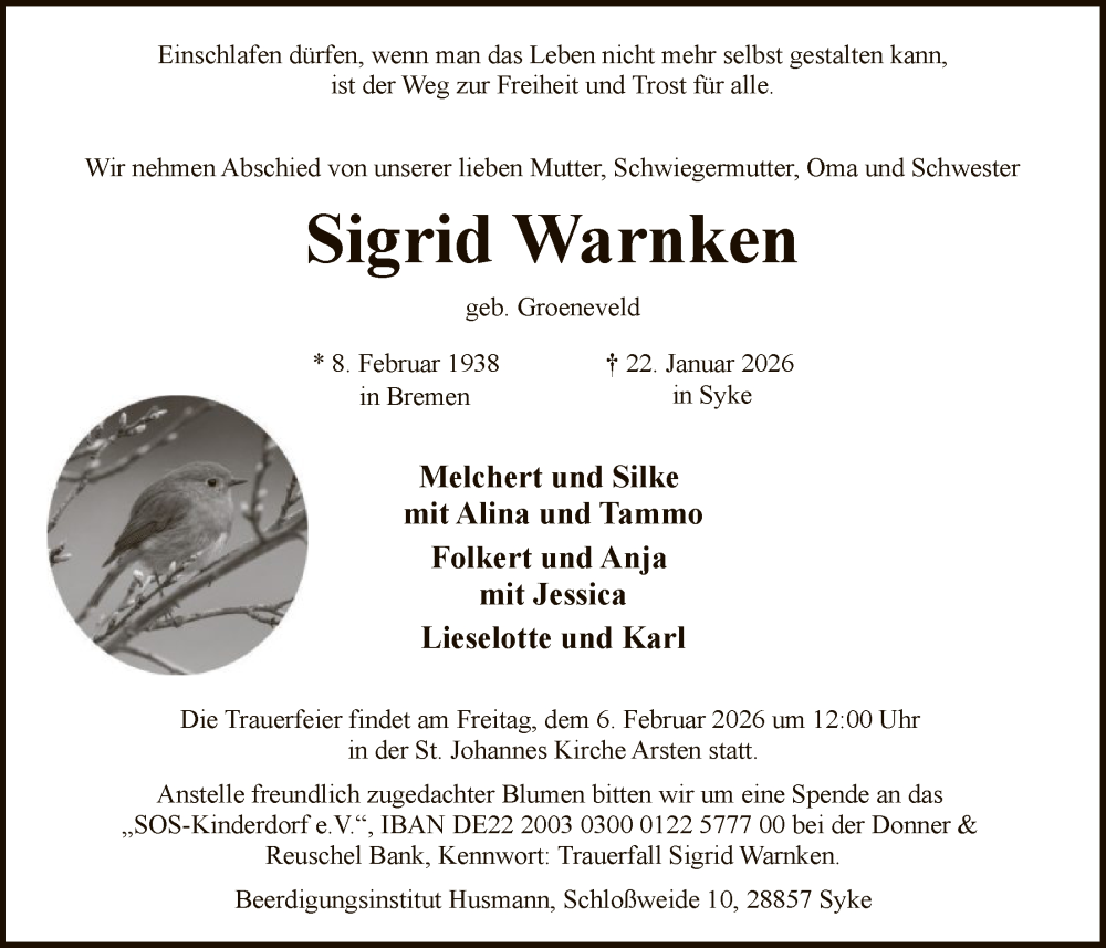  Traueranzeige für Sigrid Warnken vom 31.01.2026 aus SYKS