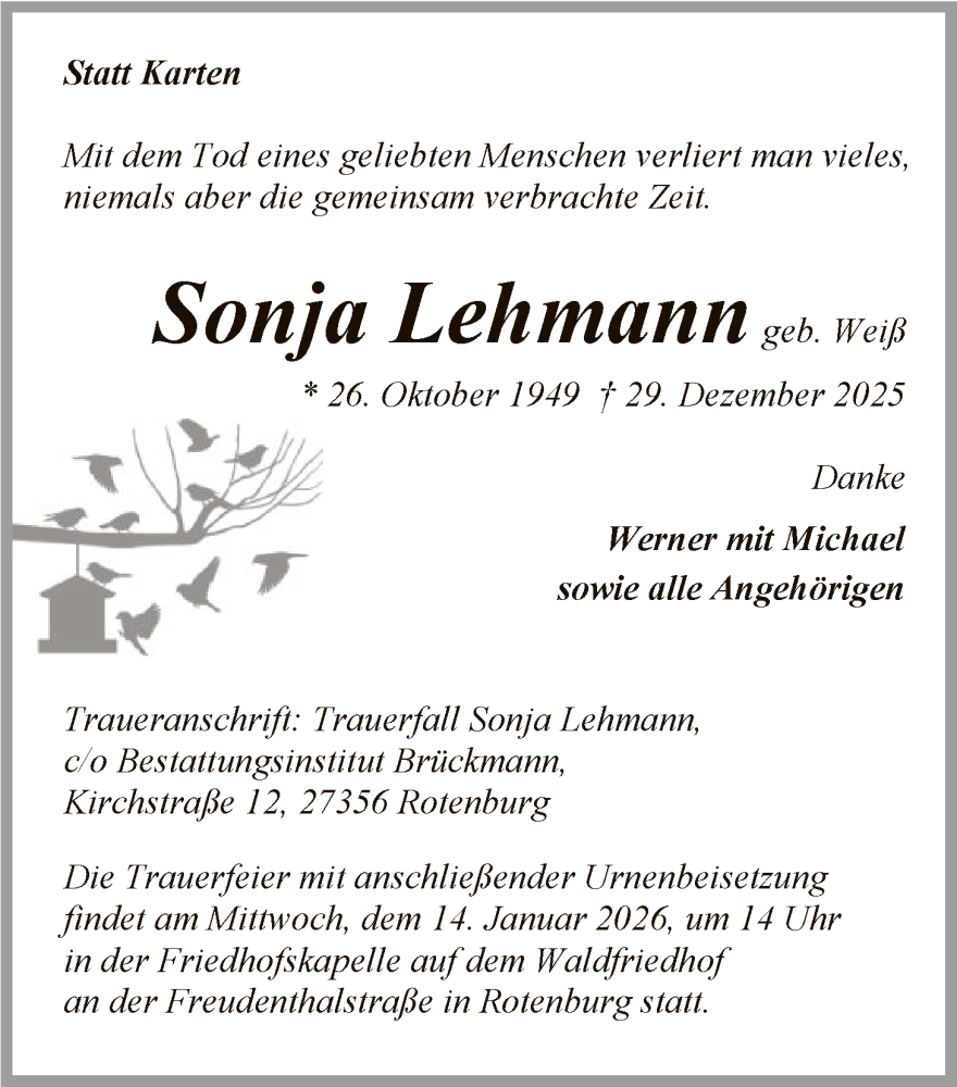  Traueranzeige für Sonja Lehmann vom 10.01.2026 aus SYKR