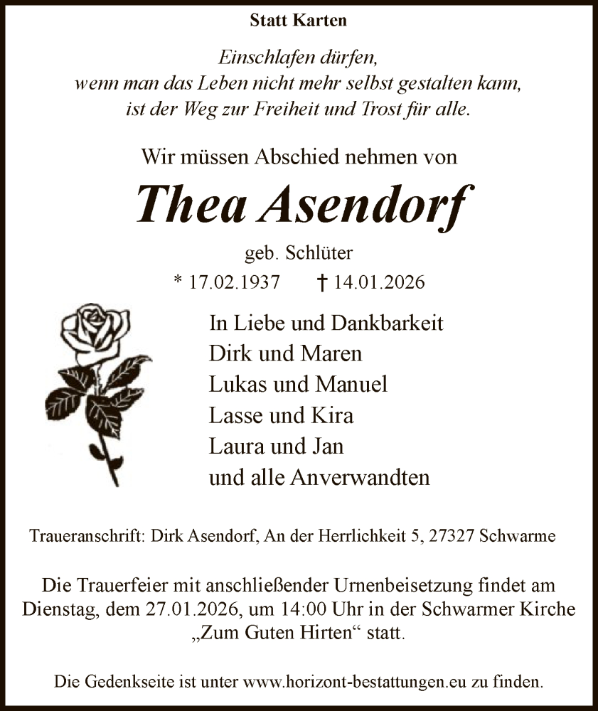  Traueranzeige für Thea Asendorf vom 24.01.2026 aus SYKSSYKS