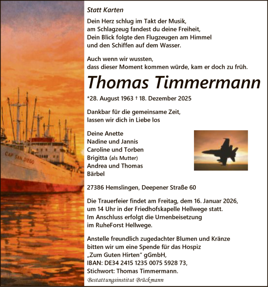 Traueranzeige von Thomas Timmermann von SYKR