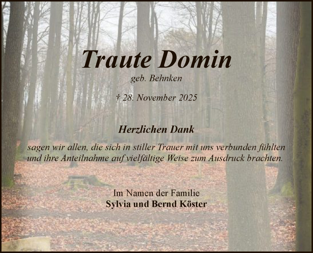  Traueranzeige für Traute Domin vom 10.01.2026 aus SYKS