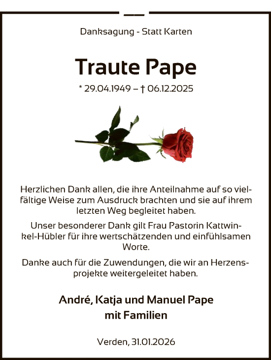Traueranzeige von Traute Pape von SYKS