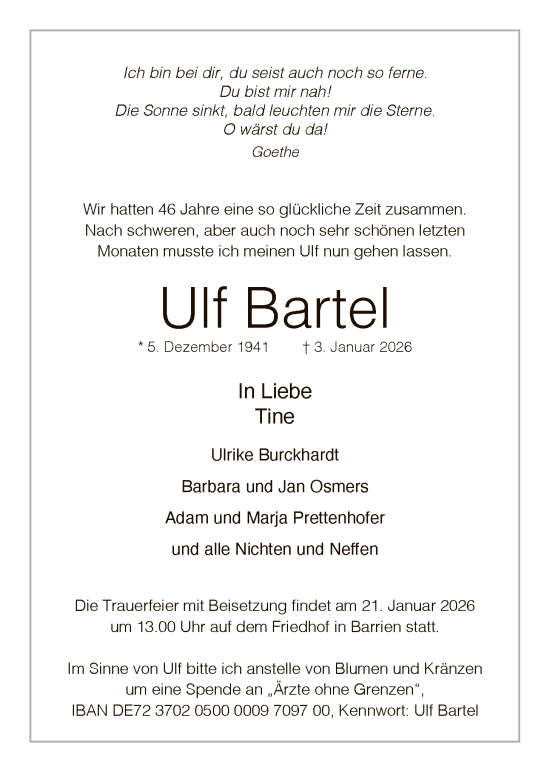 Traueranzeige von Ulf Bartel von SYKS