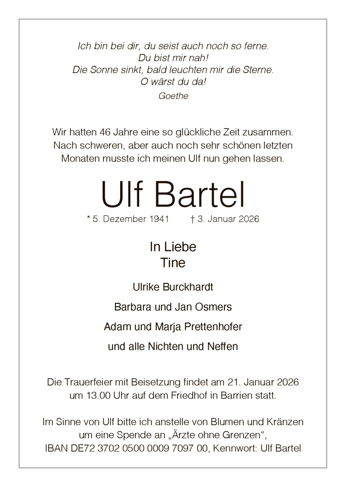  Traueranzeige für Ulf Bartel vom 17.01.2026 aus SYKS