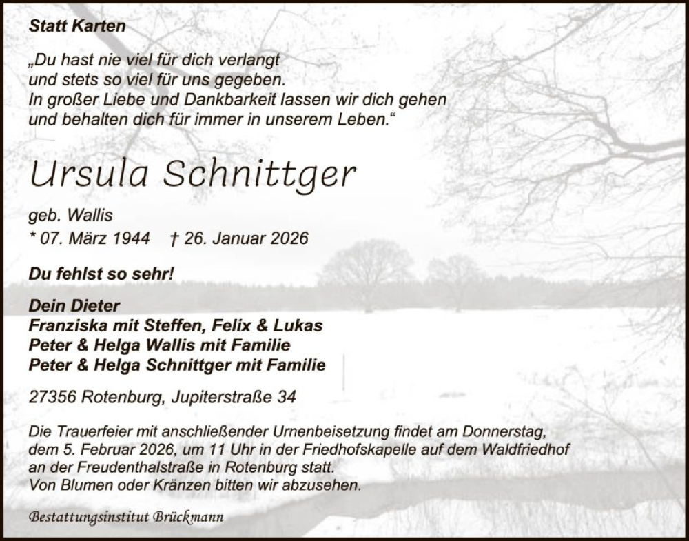  Traueranzeige für Ursula Schnittger vom 31.01.2026 aus SYKR