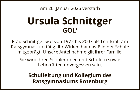 Traueranzeige von Ursula Schnittger von SYKR