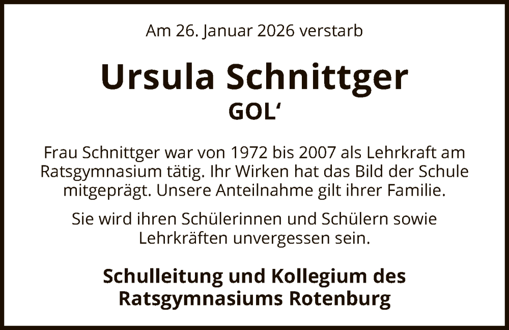  Traueranzeige für Ursula Schnittger vom 31.01.2026 aus SYKR