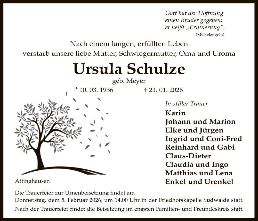  Traueranzeige für Ursula Schulze vom 31.01.2026 aus SYKSSYKS