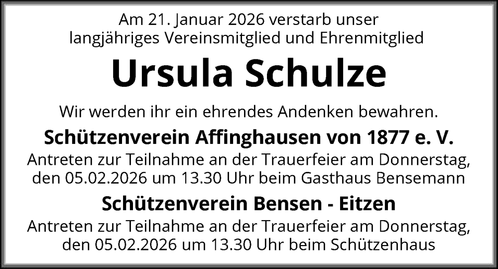  Traueranzeige für Ursula Schulze vom 31.01.2026 aus SYKS