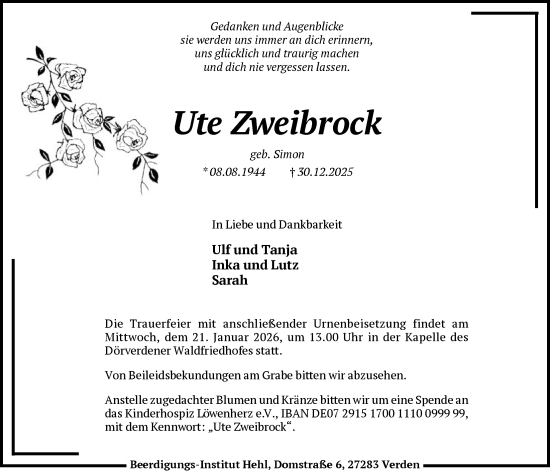 Traueranzeige von Ute Zweibrock von SYKS