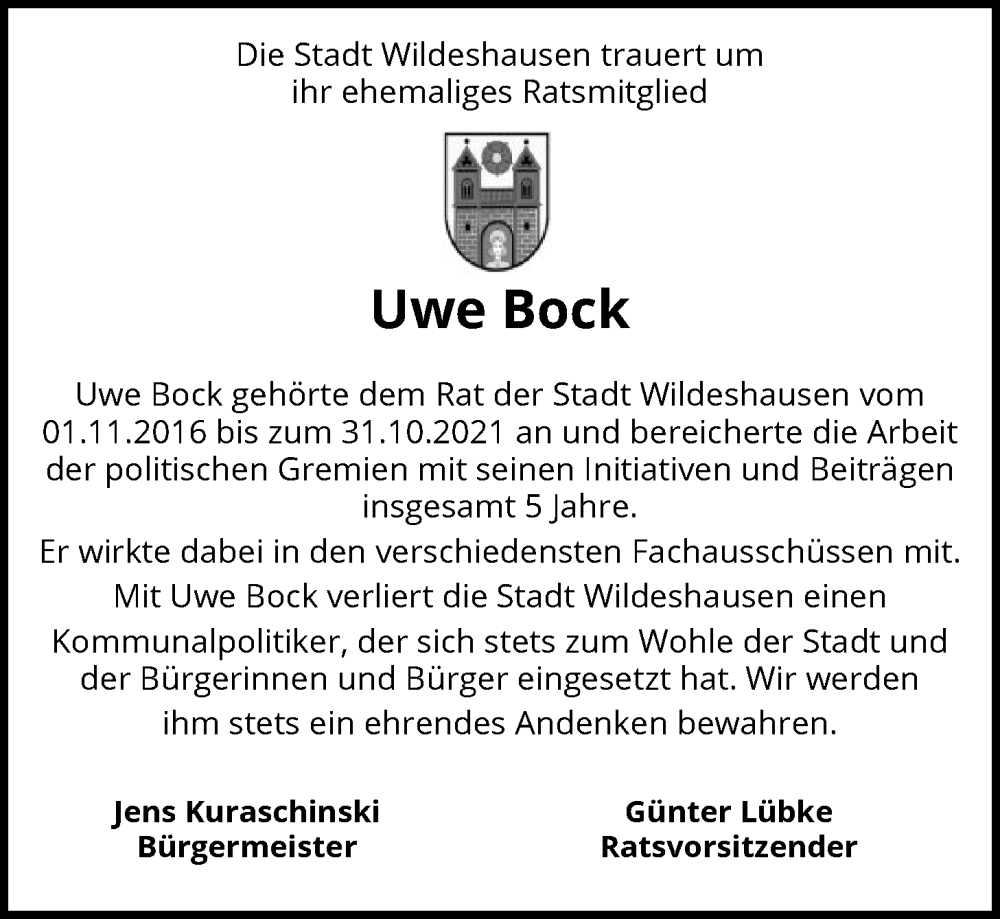  Traueranzeige für Uwe Bock vom 28.01.2026 aus SYWZ