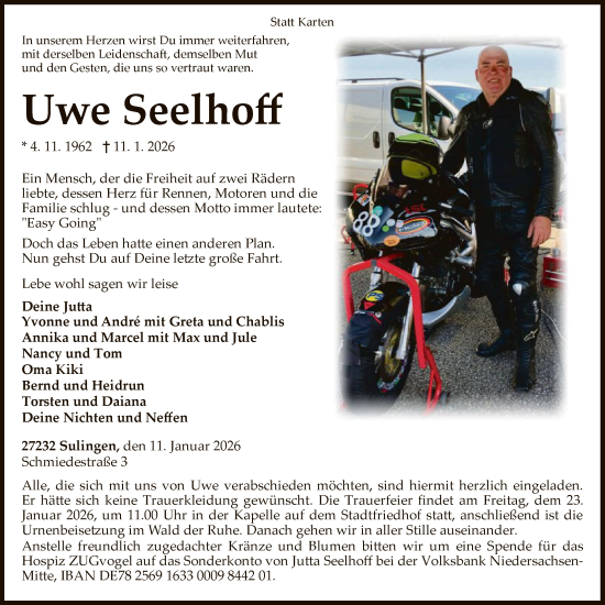 Traueranzeige von Uwe Seelhoff von SYKS