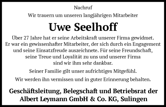 Traueranzeige von Uwe Seelhoff von SYKS