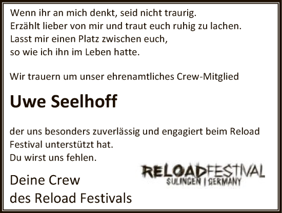 Traueranzeige von Uwe Seelhoff von SYKS